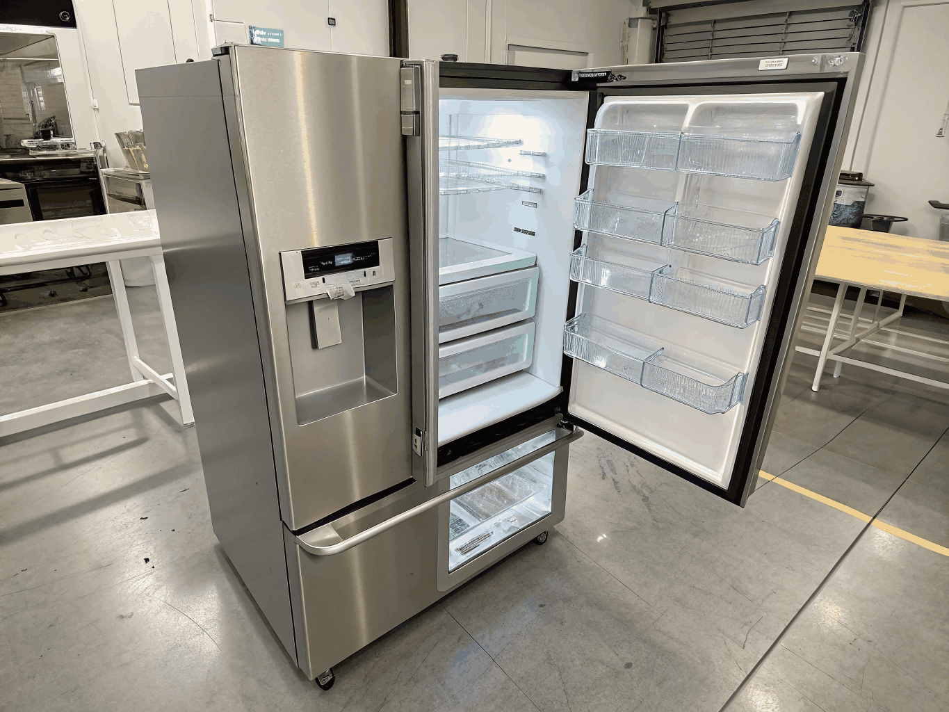 Stainless steel commercial reach-in refrigerator in kitchen line