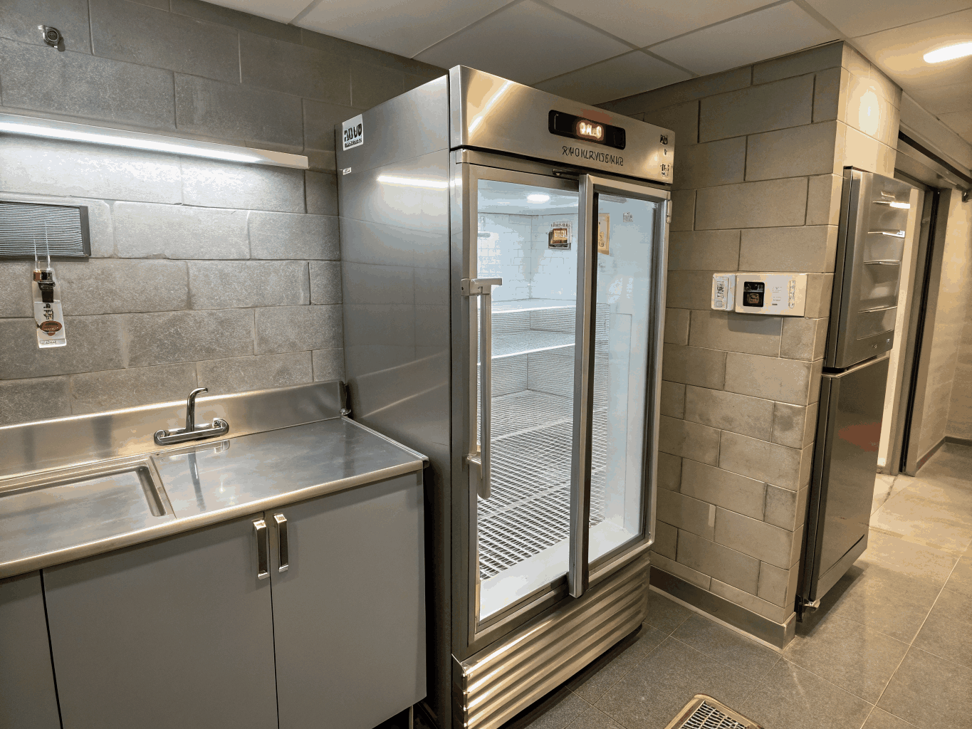 Commercial walk-in cooler cooling coils inspection in restaurant