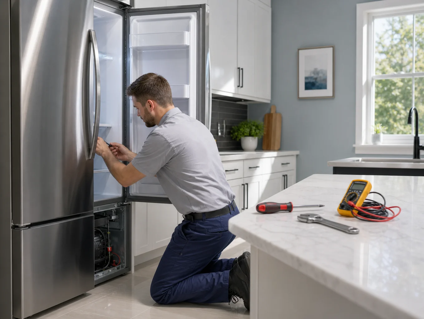 Technician using precision diagnostic tools to test an appliance circuit board