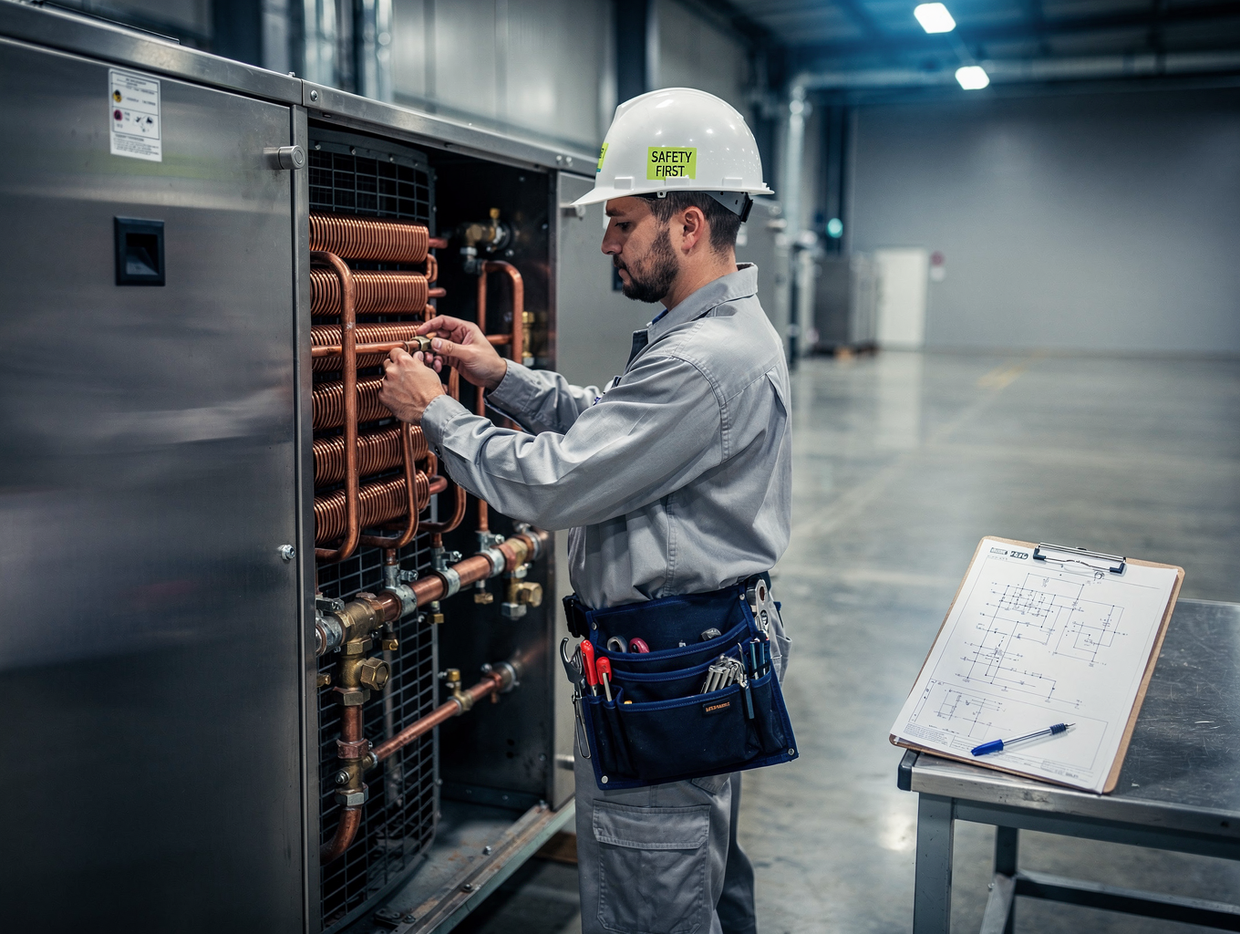 Technician inspecting commercial walk-in cooler evaporator unit