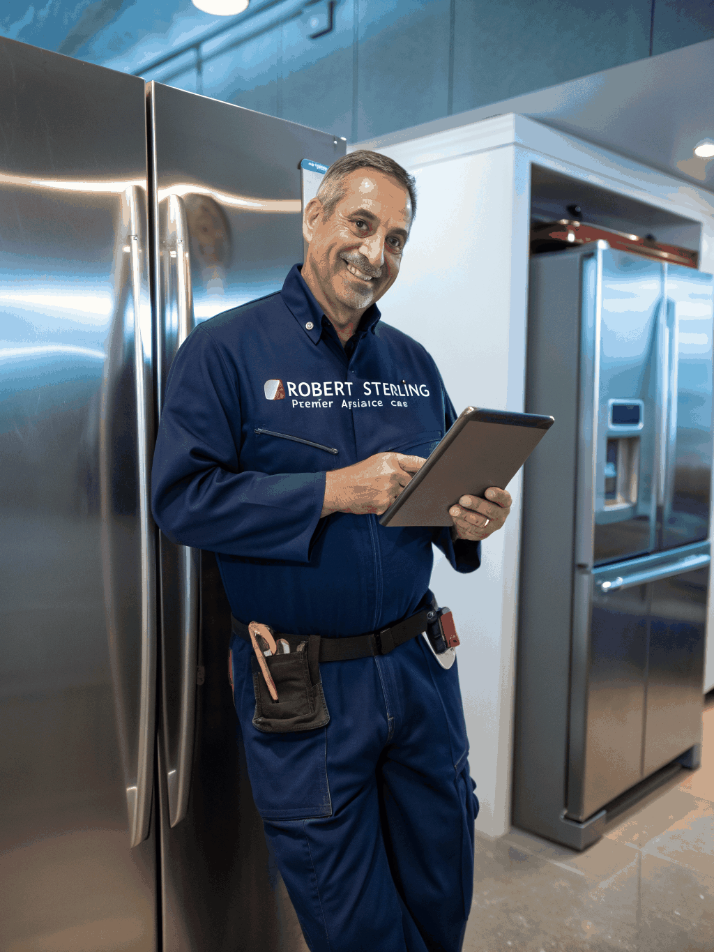Certified appliance repair technician inspecting home refrigerator in Austell GA