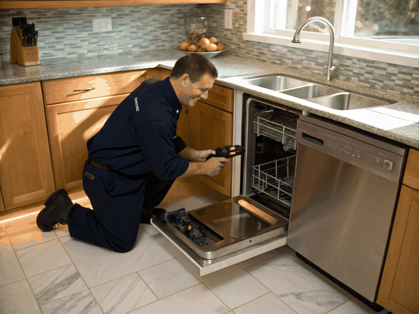 Technician inspecting a Bosch 800 series stainless steel dishwasher
