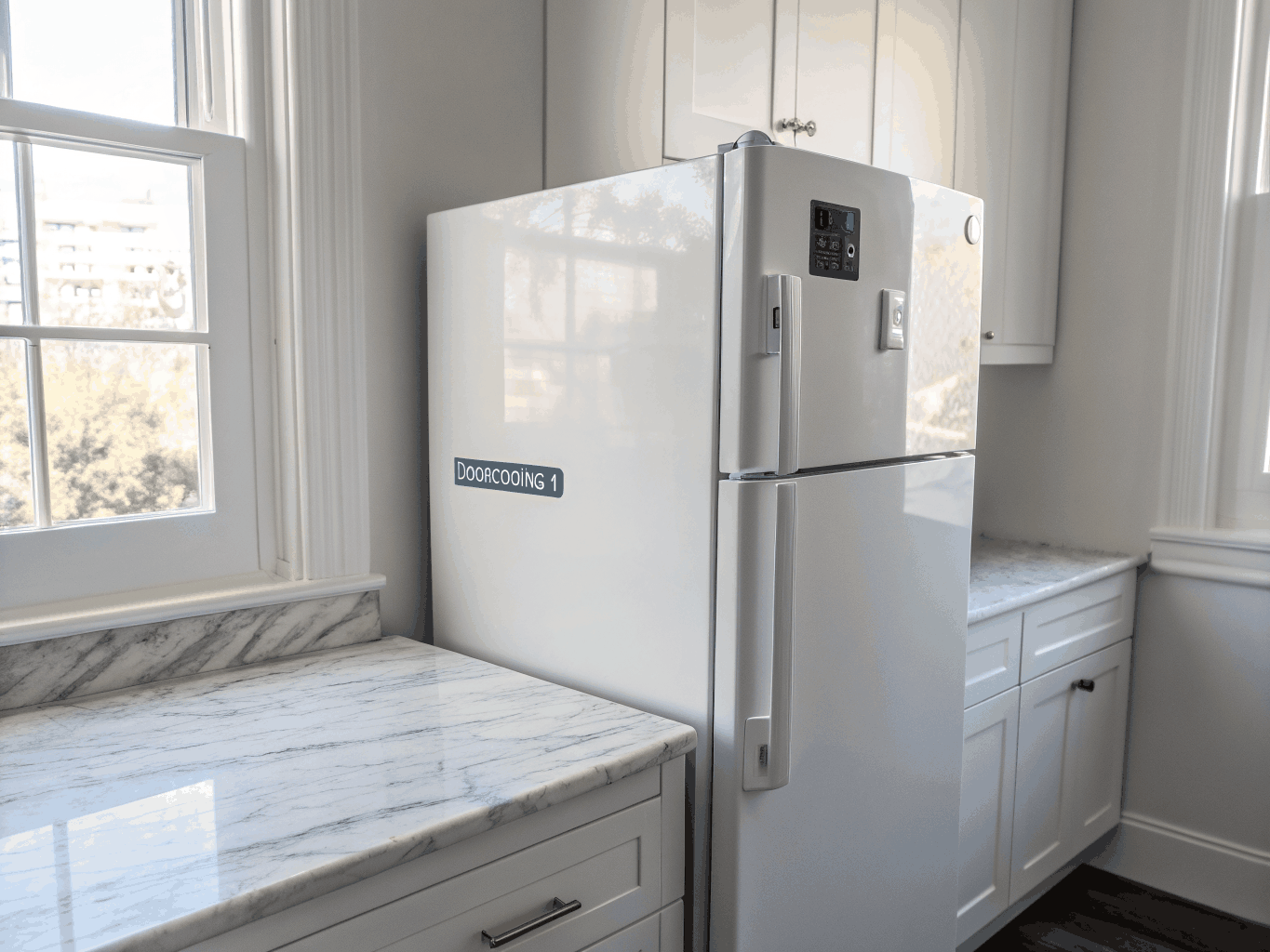 Modern Bosch French door stainless steel refrigerator in kitchen