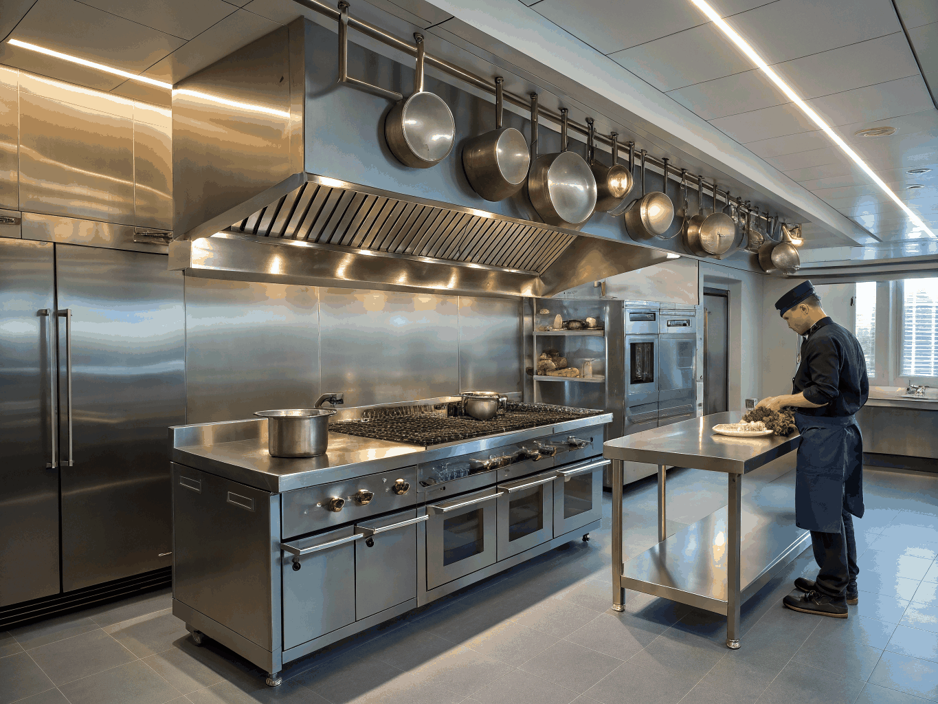 Stainless steel prep table refrigeration unit in commercial kitchen