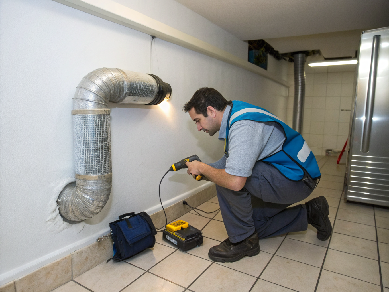 Technician testing dryer exhaust airflow and lint vent obstruction