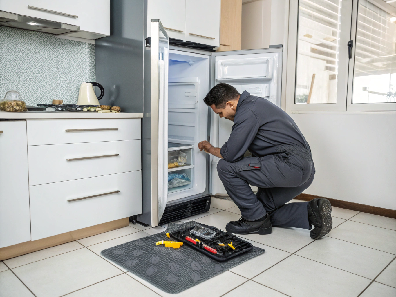 Technician testing freezer defrost components and temperature sensor in Mableton