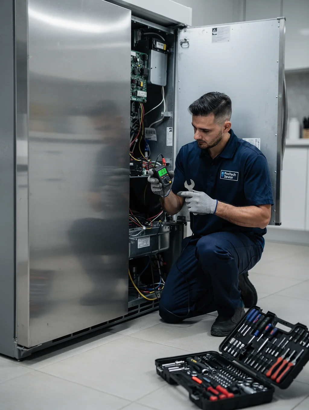 Professional technician inspecting residential freezer coils in Mableton GA