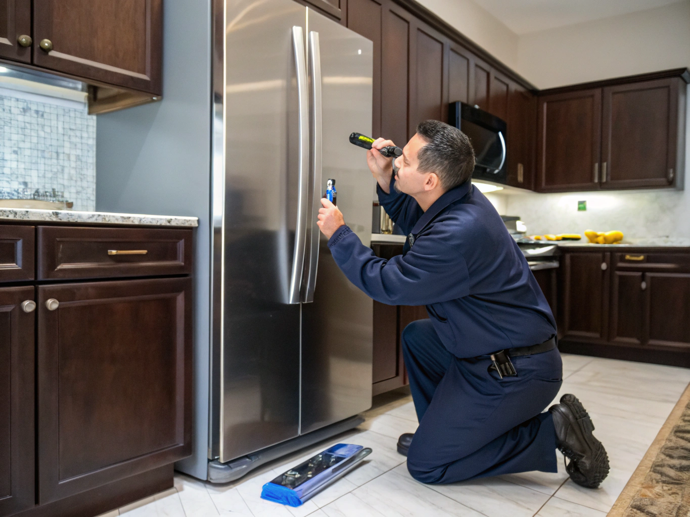 Frigidaire appliance repair service technician inspecting kitchen equipment in Mableton GA