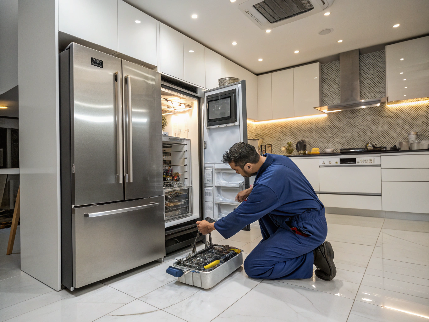 Kenmore appliance repair technician diagnosing kitchen refrigerator in Mableton GA