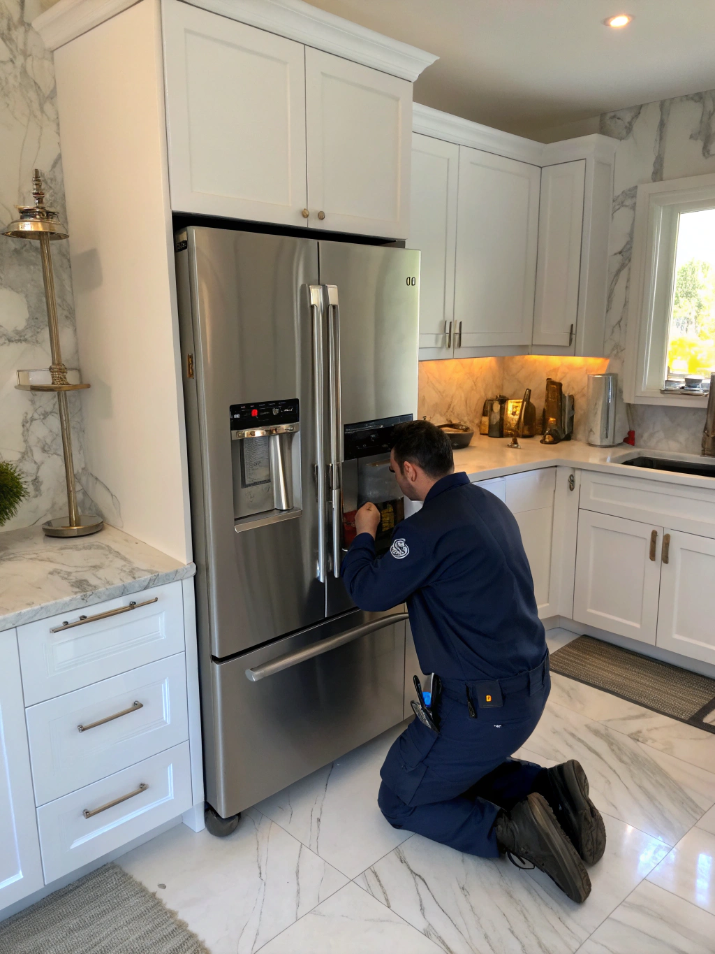 KitchenAid Appliance Repair technician servicing refrigerator in Mableton GA