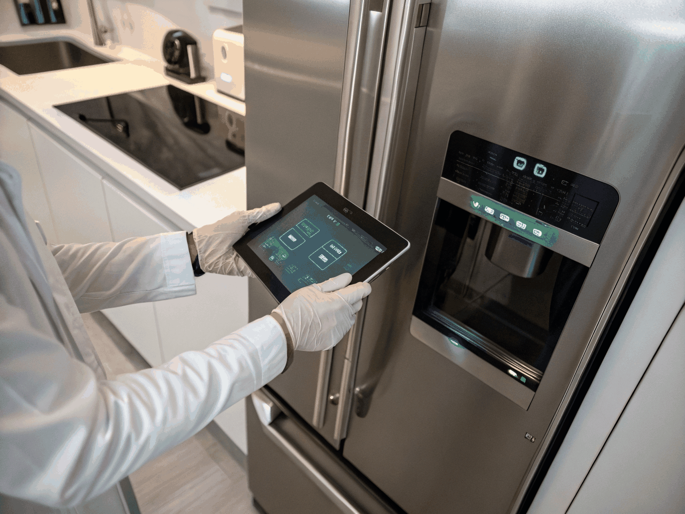 LG Certified Technician diagnosing an InstaView French Door Refrigerator in Mableton