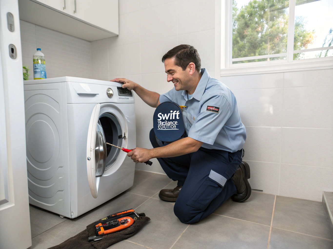 Technician calibrating an LG DirectDrive Front Load Washer motor assembly