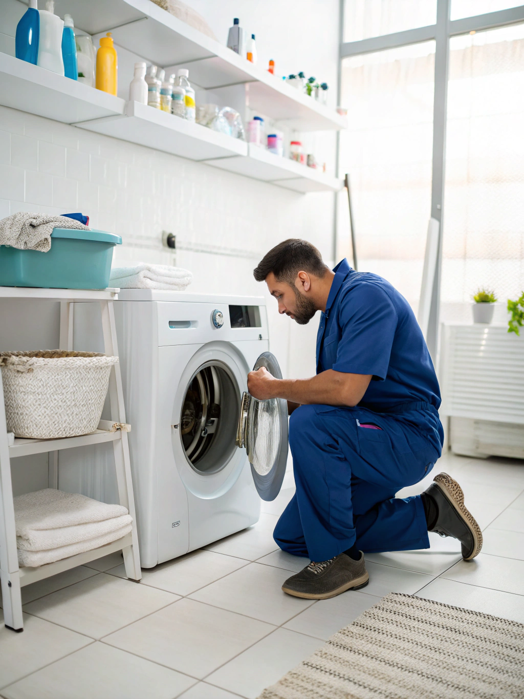 Technician repairing a modern front-load washing machine in Mableton, GA