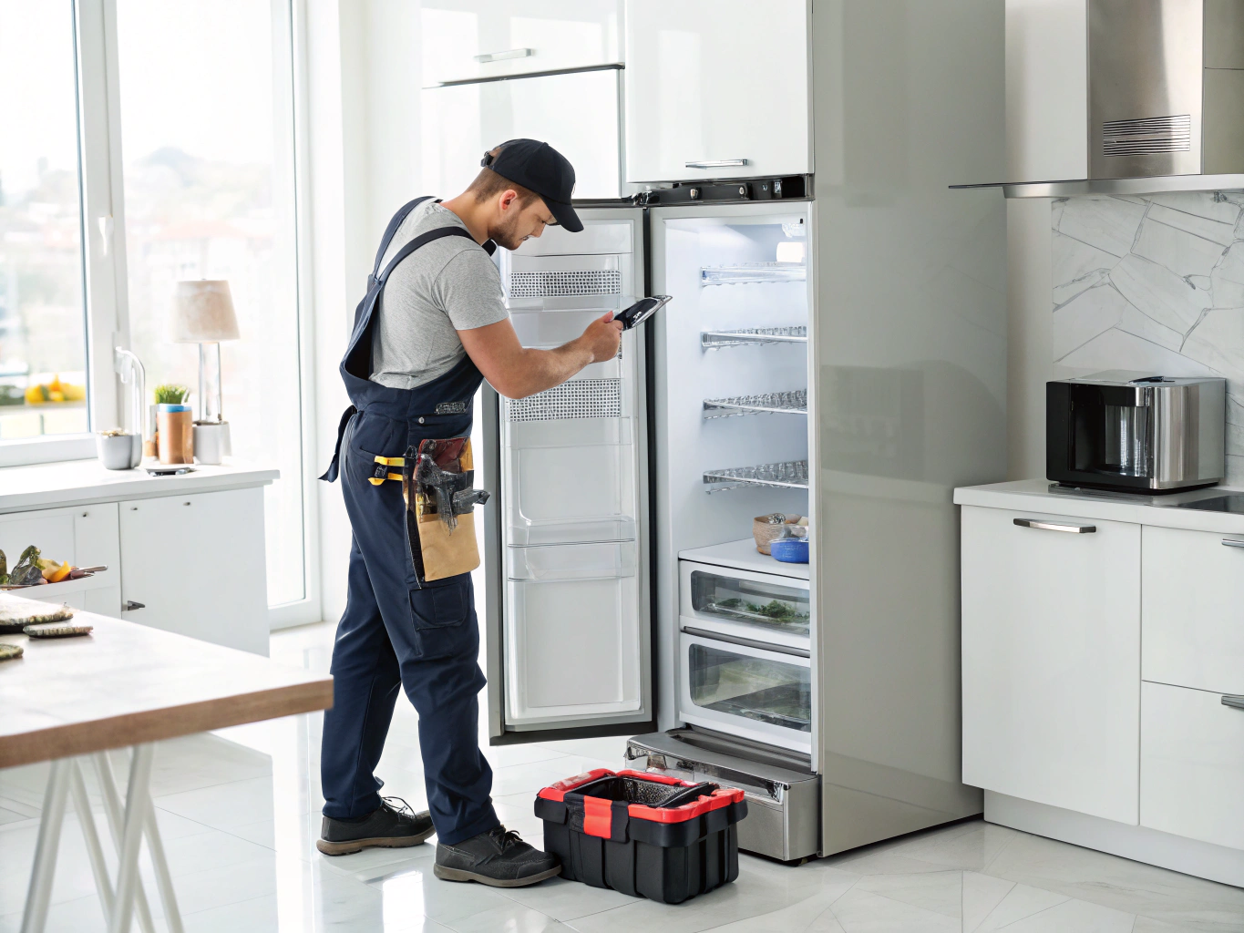 Technician repairing refrigerator ice maker module and water valve