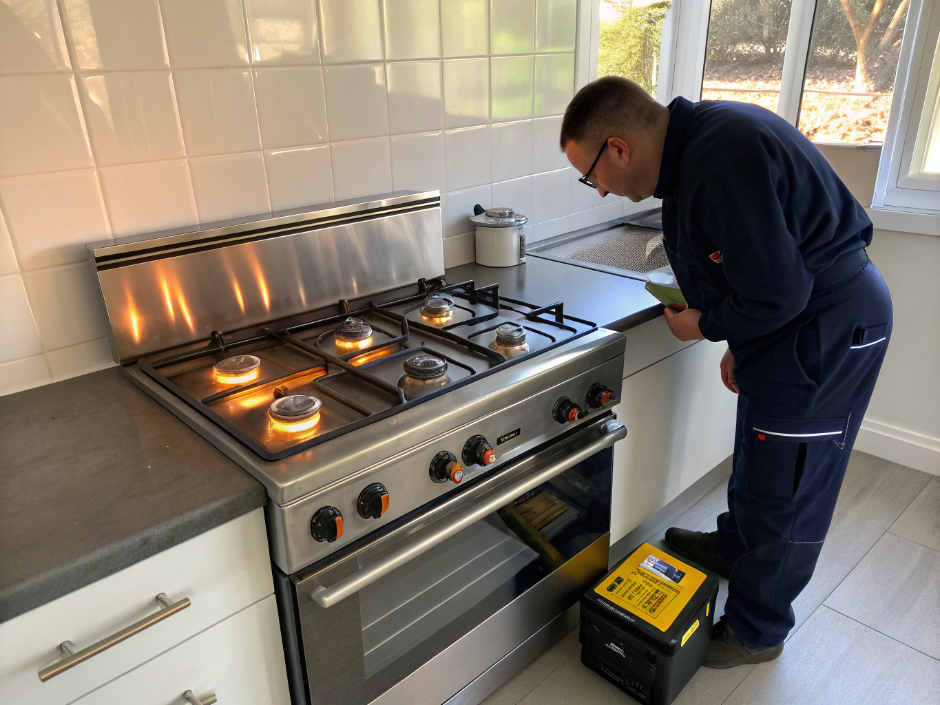Professional technician inspecting a modern gas stove cooktop