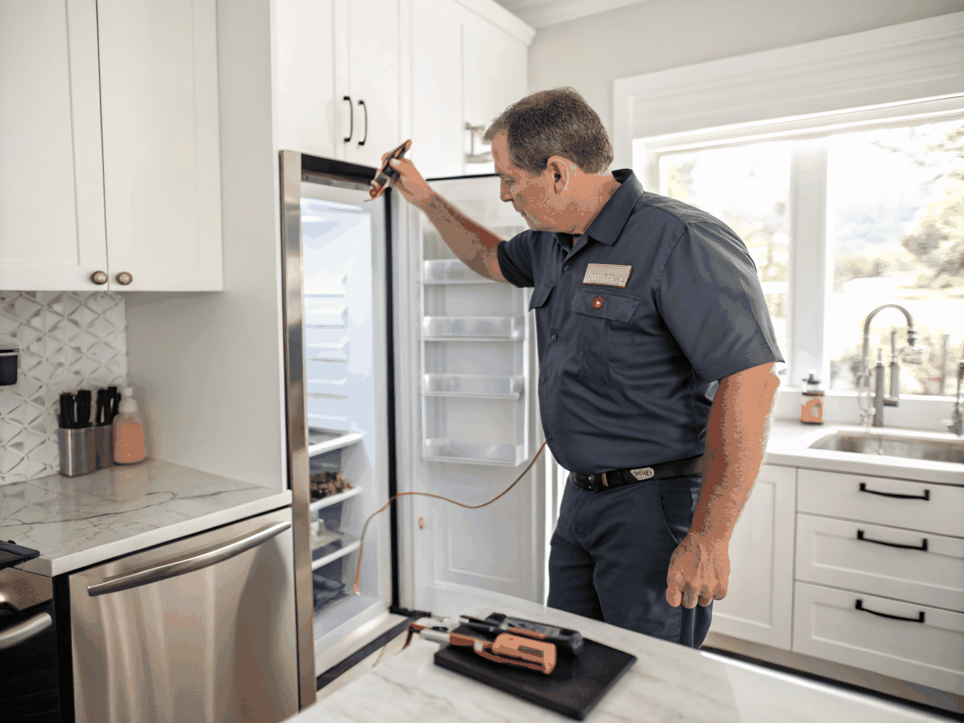 Certified appliance technician diagnosing major brand luxury appliance using calibrated diagnostic equipment