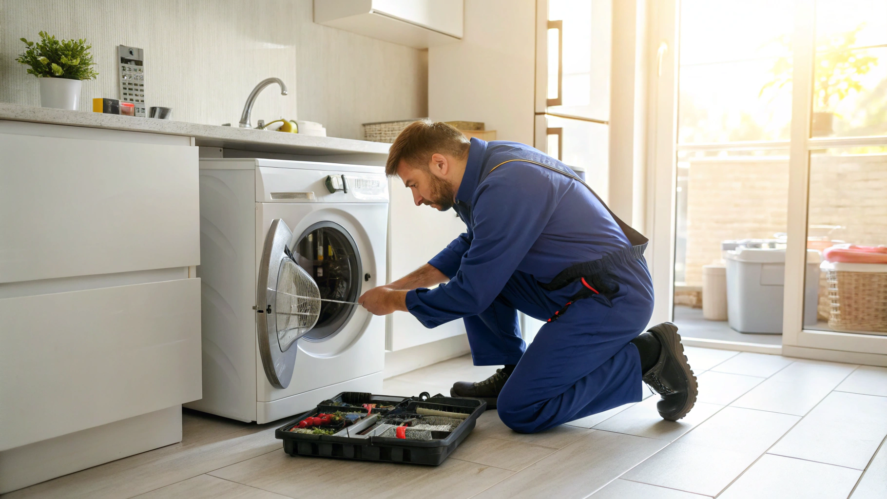 Washer repair technician diagnosing a washing machine drainage pump issue in Mableton