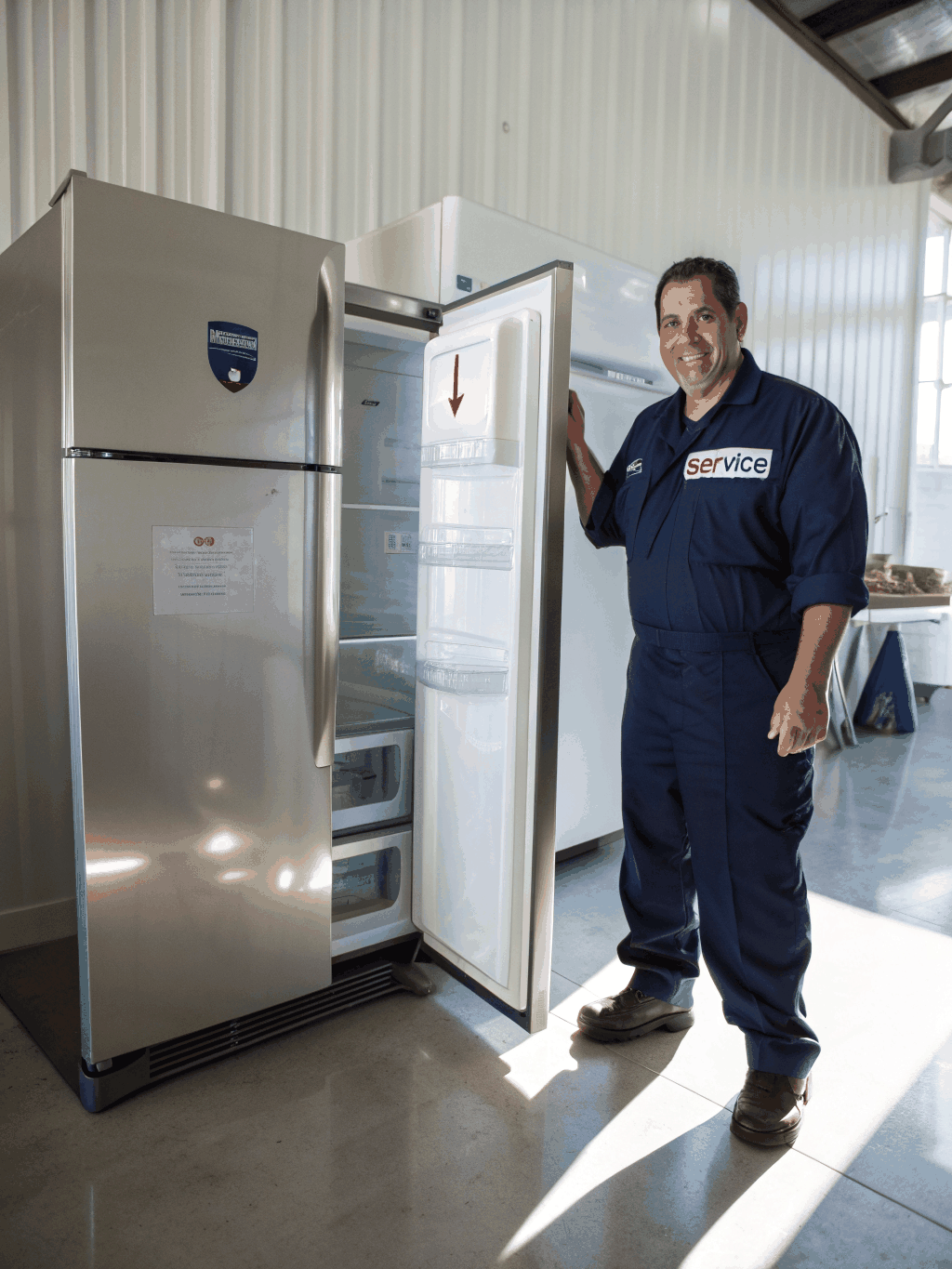 Whirlpool stainless steel refrigerator being serviced