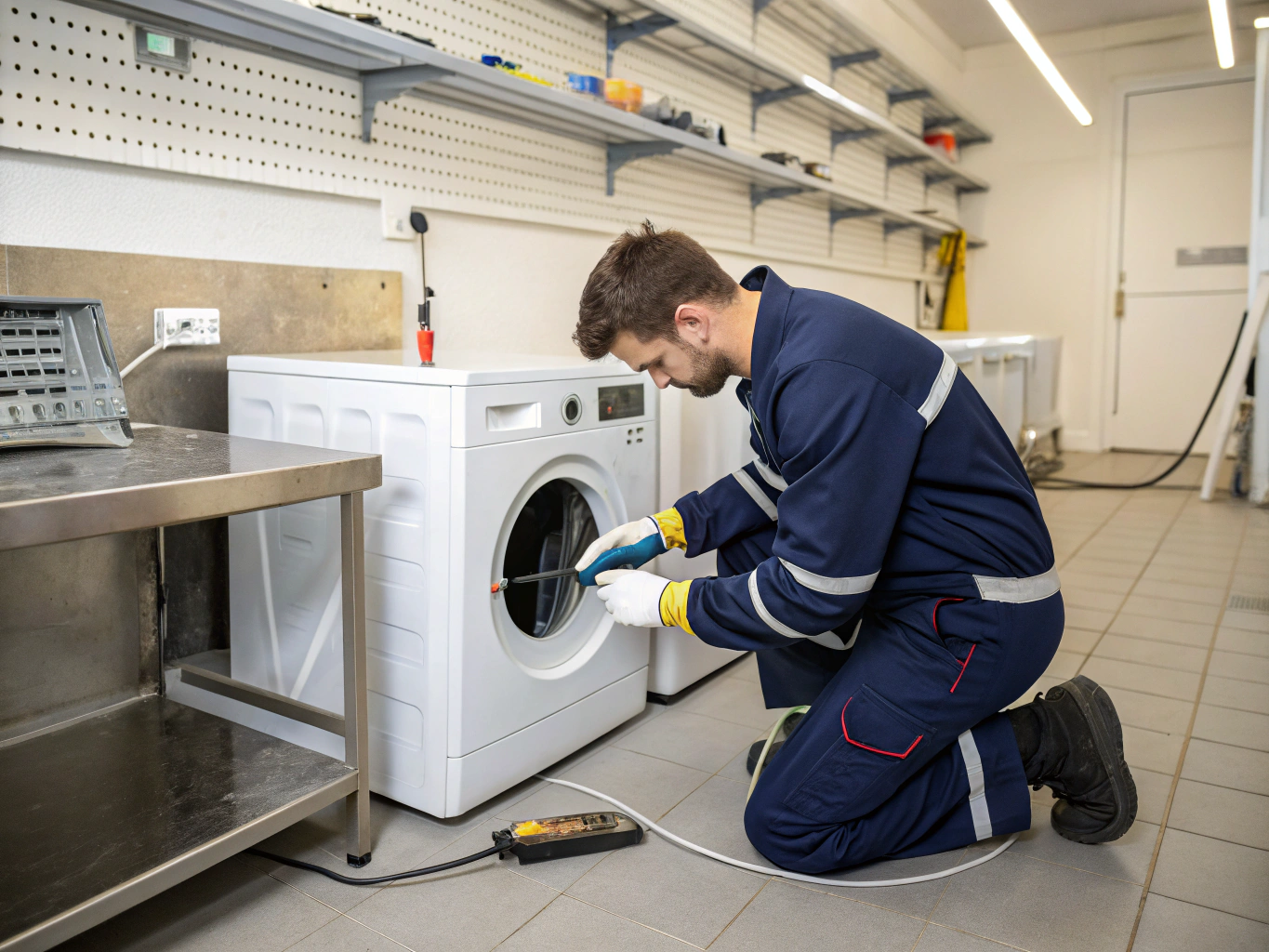 Whirlpool certified technician repairing household appliance motor